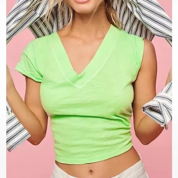 Pilcro Anthropologie Boxy Plunge V-Neck Crop T-Shirt In Green 100% Cotton